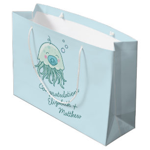 Sacola Para Presentes Grande Chá de fraldas de medusa-branca Kawaii Blue Boy