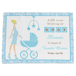 Sacola Para Presentes Grande Chá de fraldas de Mulher Loura Azul Damask