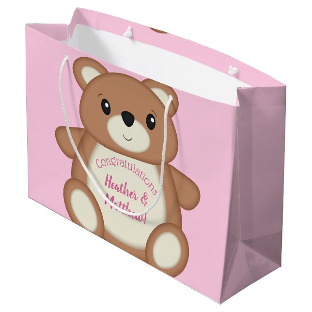 Sacola Para Presentes Grande Chá de fraldas do Urso Rosa (Verso inclinado)