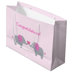 Sacola Para Presentes Grande Chá de fraldas Elefante de Bolinhas Rosa e Branco