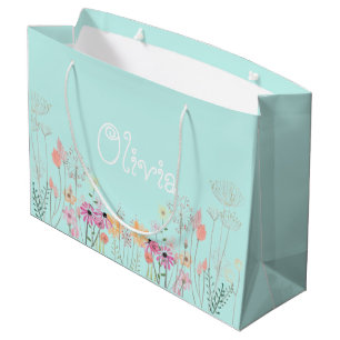 Sacola Para Presentes Grande Chá de fraldas Floral Azul Pastel Bag Presente