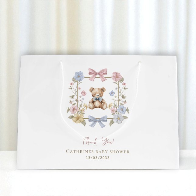 Sacola Para Presentes Grande Chá de fraldas Floral De Urso Doce Obrigado (Criador carregado)