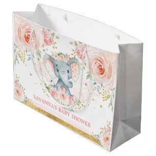 Sacola Para Presentes Grande Chá de fraldas Floral do Elefante Blush Feminino