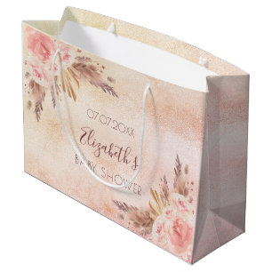 Sacola Para Presentes Grande Chá de fraldas pampas rosa de ouro cor-de-rosa flo