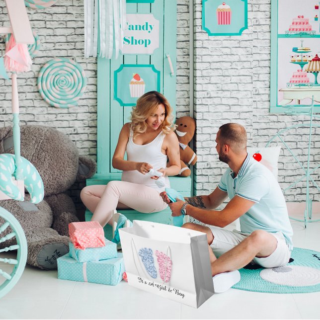 Sacola Para Presentes Grande Chá de fraldas Pés é uma garota, gêmeos azuis rosa (Baby Shower Feet It’s A Boy Girl Pink Blue Twins Large Gift Bag)