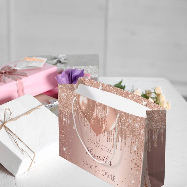 Sacola Para Presentes Grande Chá de fraldas rosa de dourado a brilha dos balões (Criador carregado)