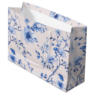 Sacola Para Presentes Grande Chá de Noiva Floral Azul Romântico Bege