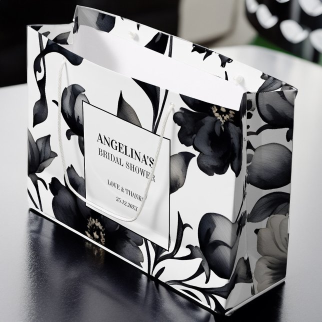 Sacola Para Presentes Grande Chá de panela elegante da safra branca e preta (Black and white vintage flowers elegant bridal shower favor large gift bag )