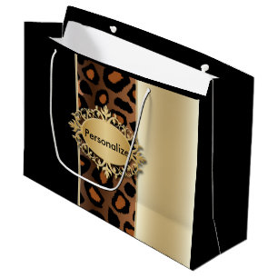 Sacola Para Presentes Grande Champagne e teste padrão preto do leopardo