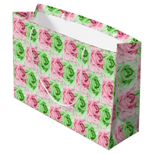 Sacola Para Presentes Grande Charming Pink & Green Rose Wide Gift Bag (Verso inclinado)