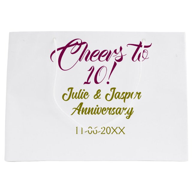 Sacola Para Presentes Grande Cheers to 10th wedding anniversary mauve golden na (Frente)