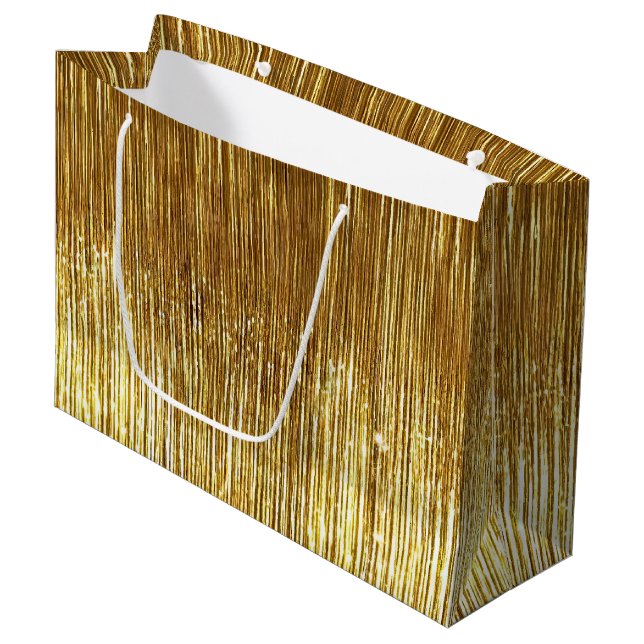 Sacola Para Presentes Grande Chic Dourado Glam Tinsel Strips Natal (Frente inclinada)