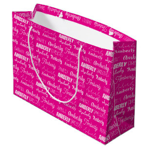 Sacola Para Presentes Grande Chic Rosa Choque Aniversário das Meninas Nome Pers