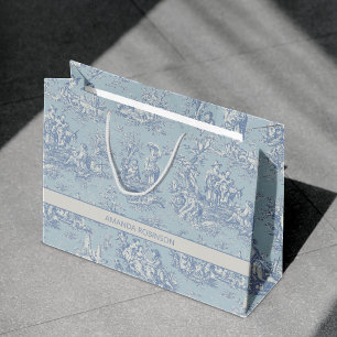 Sacola Para Presentes Grande Chic vintage cinza azul toile de jouy