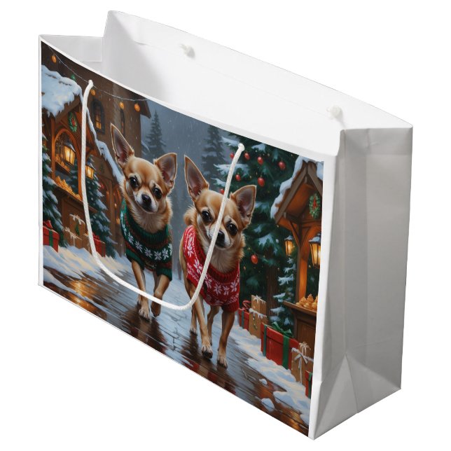 Sacola Para Presentes Grande Chihuahua Dogs Christmas Snow Holiday (Frente inclinada)