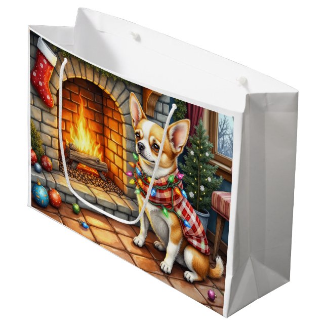 Sacola Para Presentes Grande Chihuahua Sitting Fireplace with Christmas Lights (Frente inclinada)