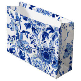 Sacola Para Presentes Grande Chinoiserie Bird Floral Blue Chá de panela Branco