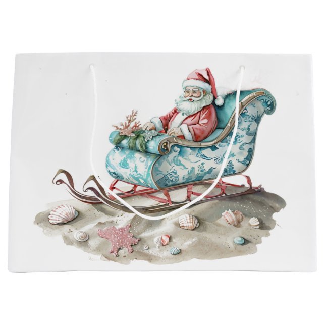 Sacola Para Presentes Grande Chinoiserie Papais noeis Sleigh em Praia (Frente)