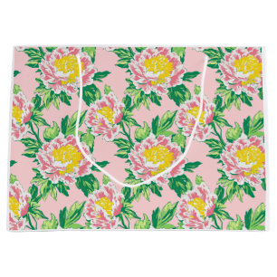 Sacola Para Presentes Grande Chinoiserie rosa e amarela Floral