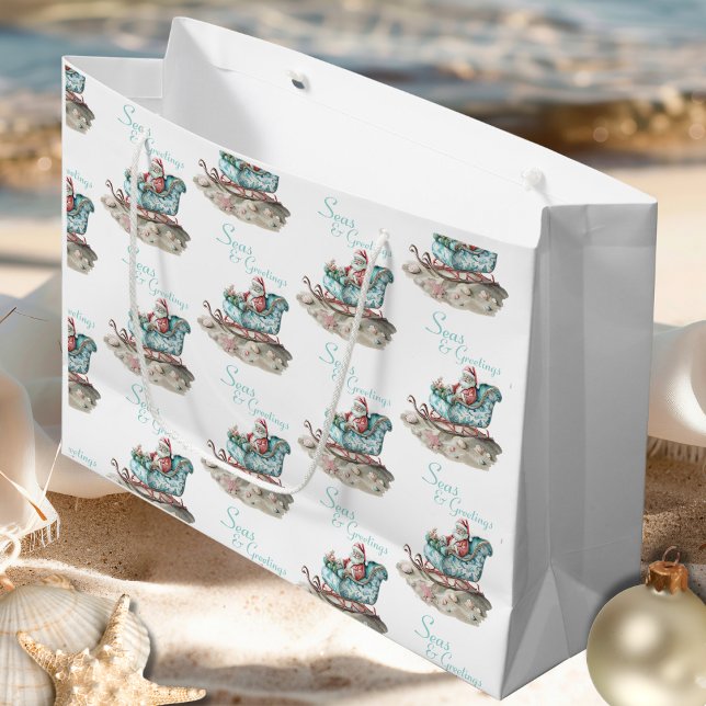 Sacola Para Presentes Grande Chinoiserie Sleigh dos papais noeis na praia (Santa’s Chinoiserie Sleigh on the Beach Large Gift Bag)
