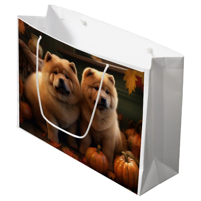 Sacola Para Presentes Grande Chow Chow Puppy Autumn Delight Pumpkin (Frente inclinada)