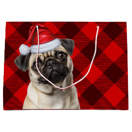 Sacola Para Presentes Grande Christmas Red Buffalo Plaid Pug Dog Lover