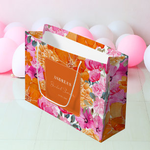 Sacola Para Presentes Grande Chuva de Noiva Floral Cor de Rosa Laranja em Aquar