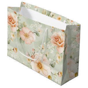 Sacola Para Presentes Grande Chuva de Noiva Floral Rosas Bege Menta