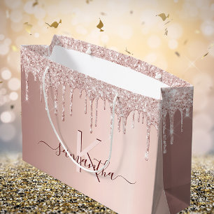 Sacola Para Presentes Grande Chuva de noiva rosa dourado brilho rosa monograma