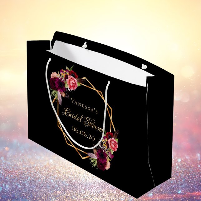 Sacola Para Presentes Grande Chuva de Presentes florais pretos burgundy (Criador carregado)