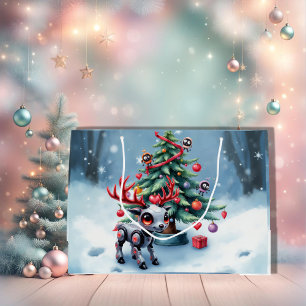 Sacola Para Presentes Grande Ciberpunk Reindeer bonito com Árvore de Natal