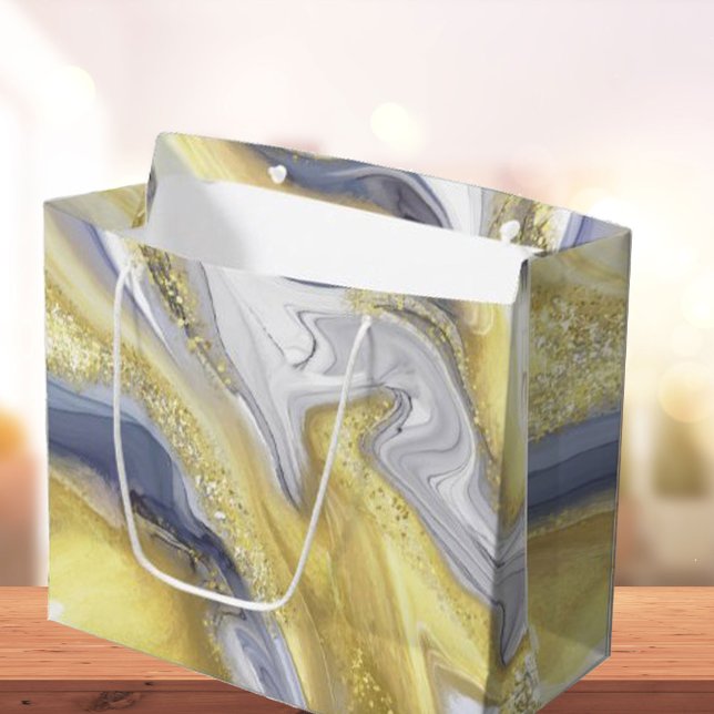 Sacola Para Presentes Grande Cinza Amarela Luxury Efeito Marble Dourado Natal (Luxury Yellow Grey Gold Marble Effect Christmas Large Gift Bag)
