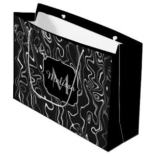 Sacola Para Presentes Grande Cinza branca preta damascus abstrato swirls Monogr