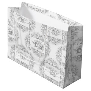 Sacola Para Presentes Grande Cinza Chic Elegante e Floral Branco Gravado