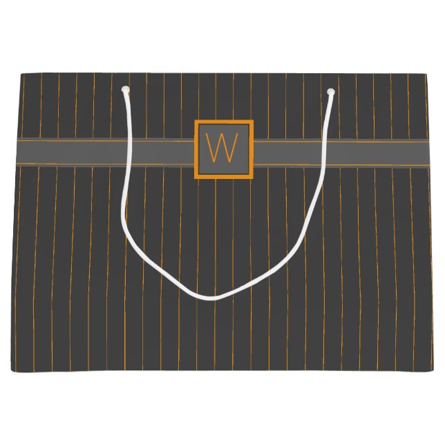 Sacola Para Presentes Grande Cinza com Laranja Pinstripes Gift Bag (Frente)