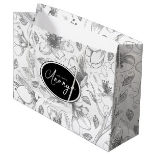 Sacola Para Presentes Grande Cinza de Padrão Floral de Contorno Descrito/Wht ID