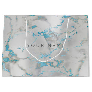 Sacola Para Presentes Grande Cinza Marble Personalizada Aqua Silver Azul