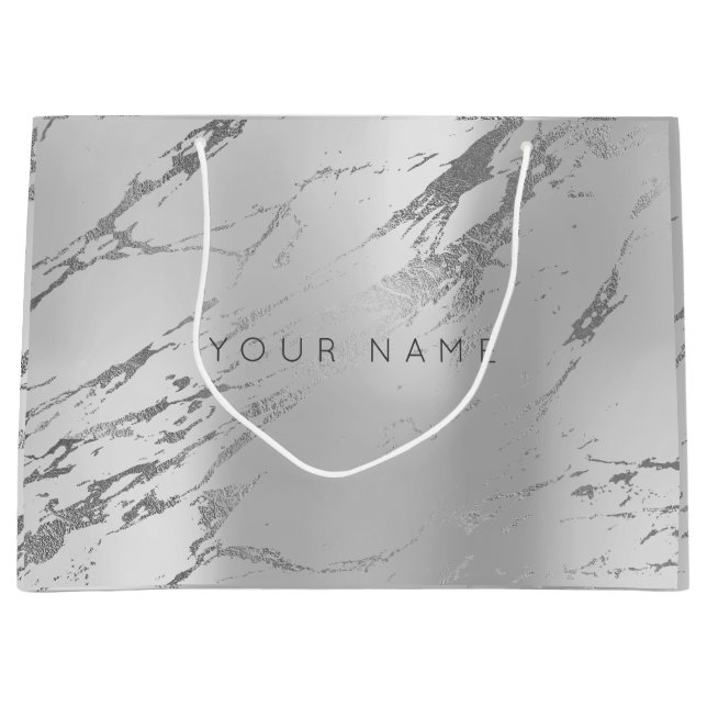 Sacola Para Presentes Grande Cinza Marble Personalizada Monoch, Prata Metálica (Frente)