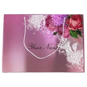 Sacola Para Presentes Grande Cinza Vermelho Cor-de-rosa Pêony Branco Lace Nome