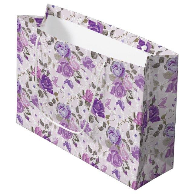 SACOLA PARA PRESENTES GRANDE CINZAS DE FLORES DE LAVANDA E DE RODAS (Frente inclinada)