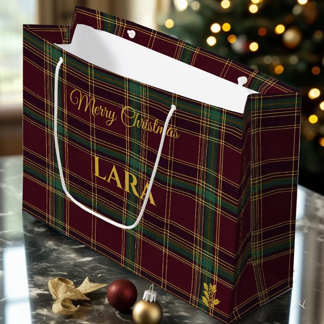 Sacola Para Presentes Grande Clássico Natal Xadrez Burgundy e Verde  (Criador carregado)