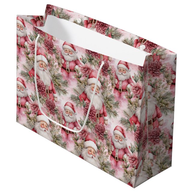 Sacola Para Presentes Grande Cláusula de Natal Rosa (Frente inclinada)