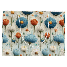 Sacola Para Presentes Grande Cobertura Floral de Flor Silvestre Laranja Azul