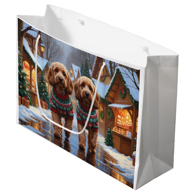 Sacola Para Presentes Grande Cockapoo Dogs Christmas Snow Holiday  (Frente inclinada)