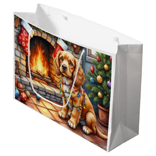 Sacola Para Presentes Grande Cocker Spaniel junto à Lareira com Luzes de Natal (Frente inclinada)