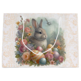 Sacola Para Presentes Grande Coelhinho de Páscoa antigo com Floral de Damasco G