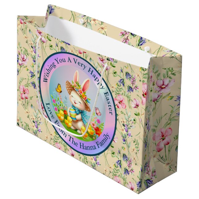 Sacola Para Presentes Grande Coelhinho de Páscoa Fofo e Flores Felizes de Prima (Frente inclinada)