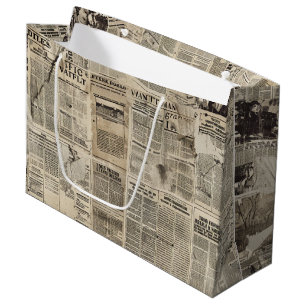 Sacola Para Presentes Grande Colagem de Folhas de Jornais Rustic Vintage (1)