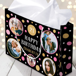 Sacola Para Presentes Grande Colagem de Fotos de Aniversário Feliz Qualquer Ida