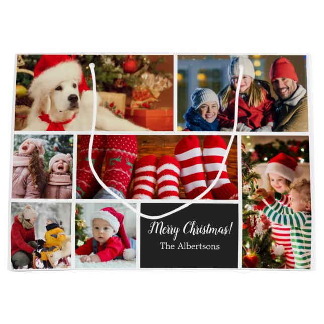 Sacola Para Presentes Grande Colagem de Fotos Natal 7 com Nome da Família, Pret (Frente)